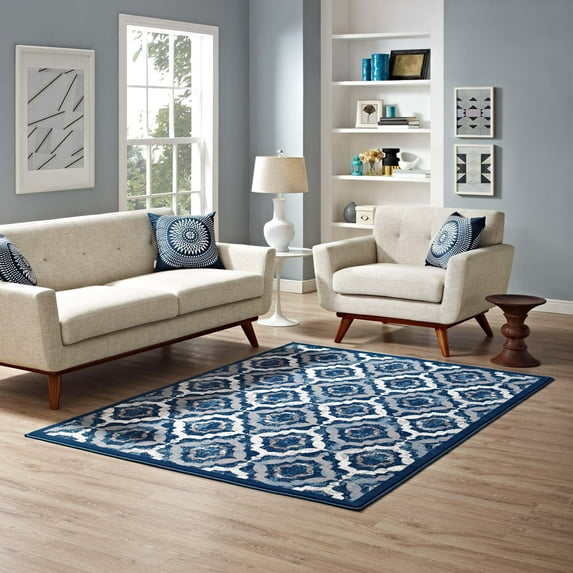 Modway Kalinda Rustic Vintage Moroccan Trellis 8x10 Area Rug in Beige, Moroccan Blue and Ivory