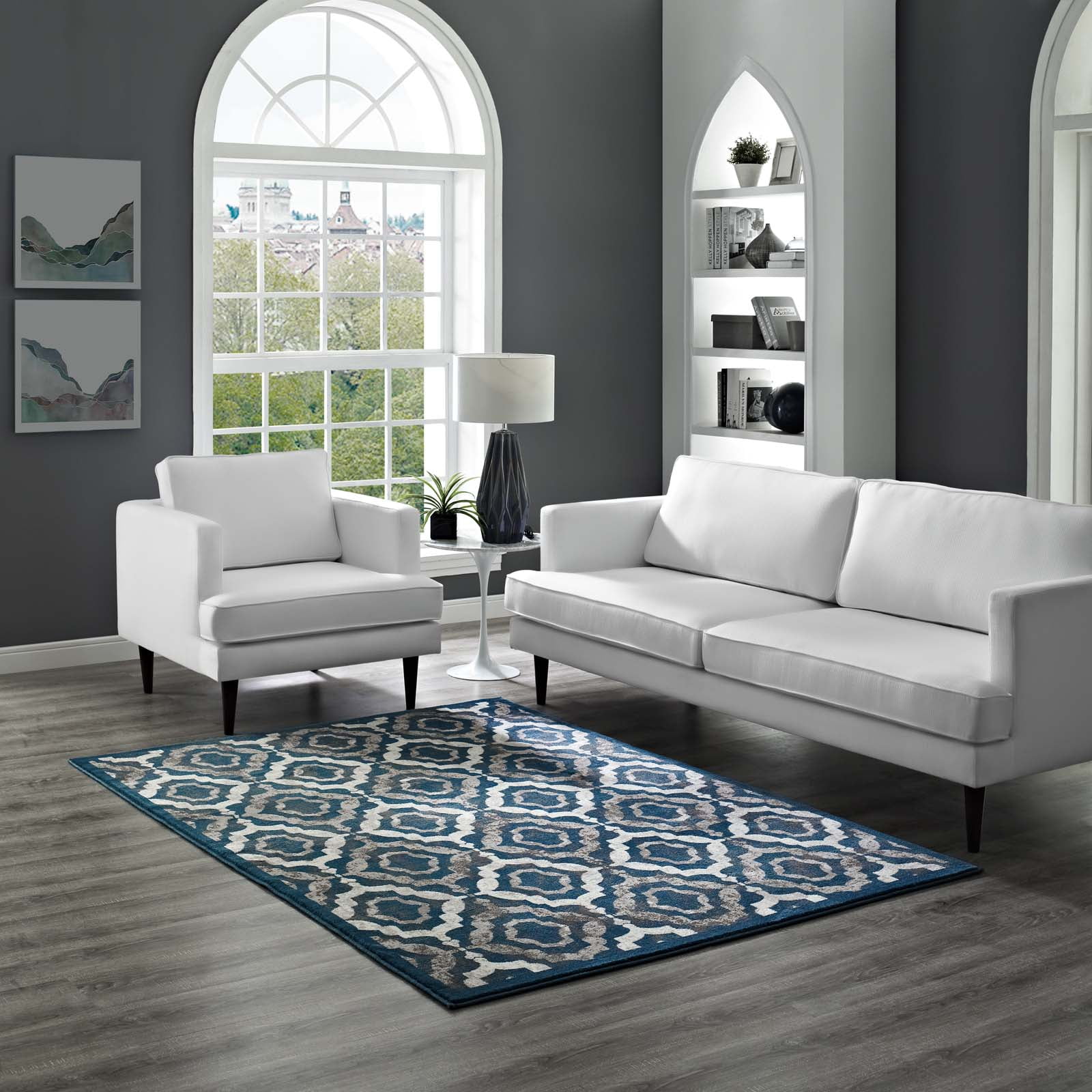 Modway Kalinda Rustic Vintage Moroccan Trellis 8x10 Area Rug in Ivory, Moroccan Blue and Brown