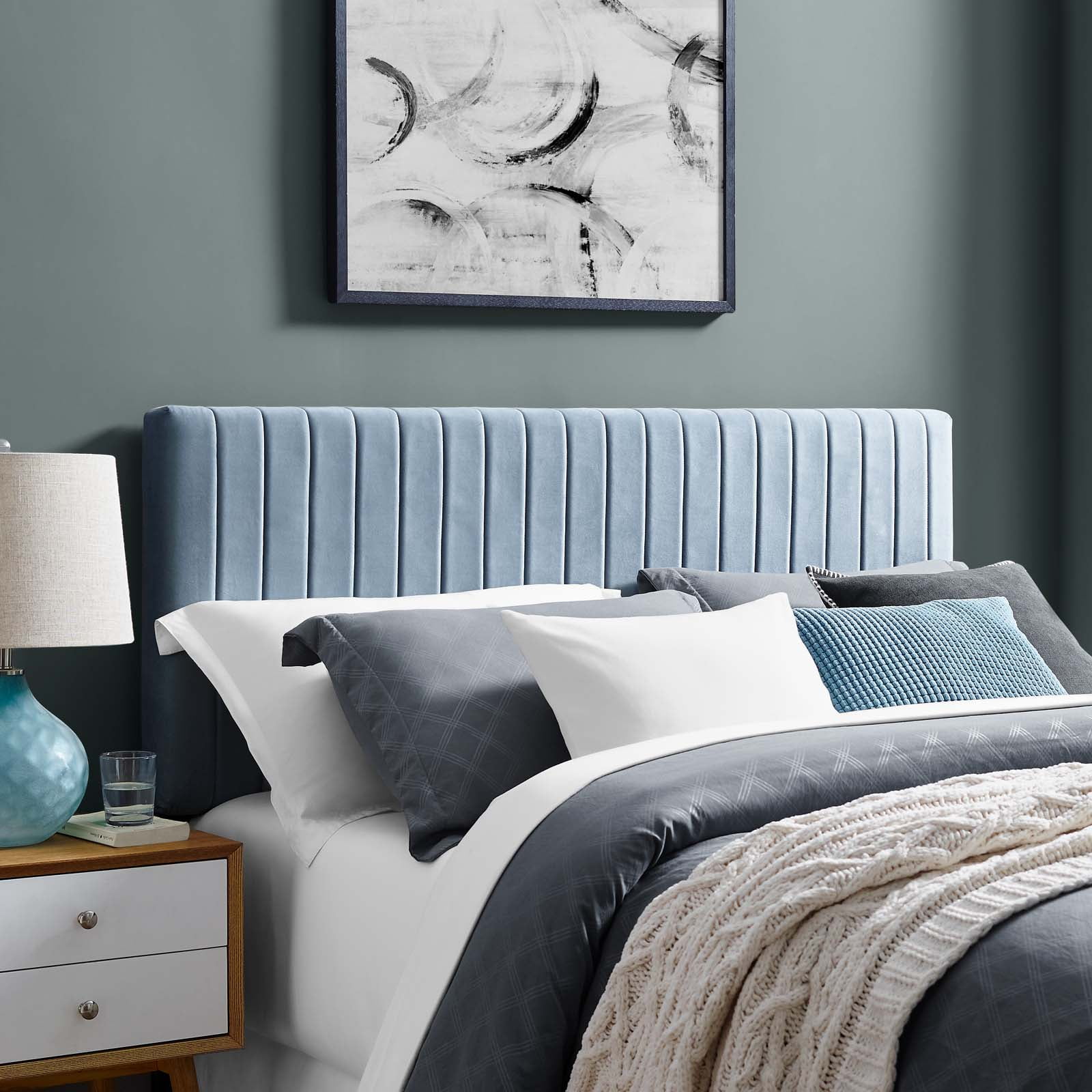 Light Blue Velvet Upholstered Full/Queen Tufted Headboard