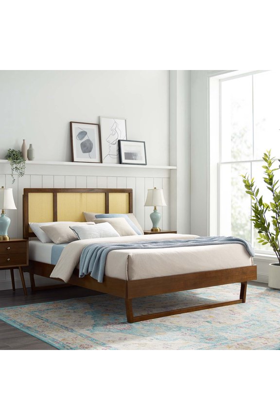 Kelsea Cane Rattan and Wood King Platform Bed with Angular Legs in Walnut