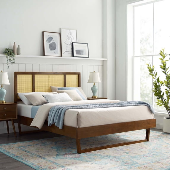 Modway Kelsea Cane Rattan and Wood King Platform Bed with Angular Legs in Walnut