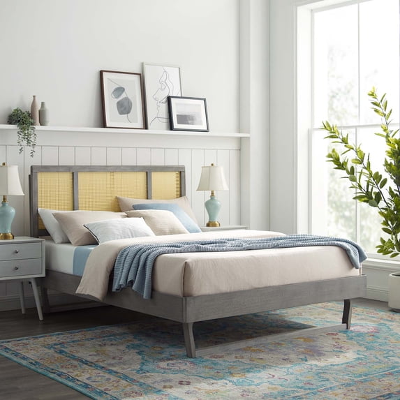 Modway Kelsea Cane and Wood Full Platform Bed With Angular Legs in Gray