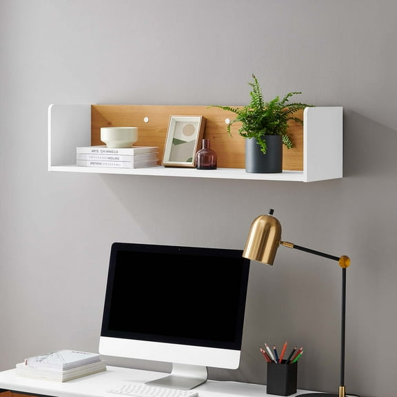 Modway Kinetic Wall-Mount Modern Wood Shelf in White and Natural