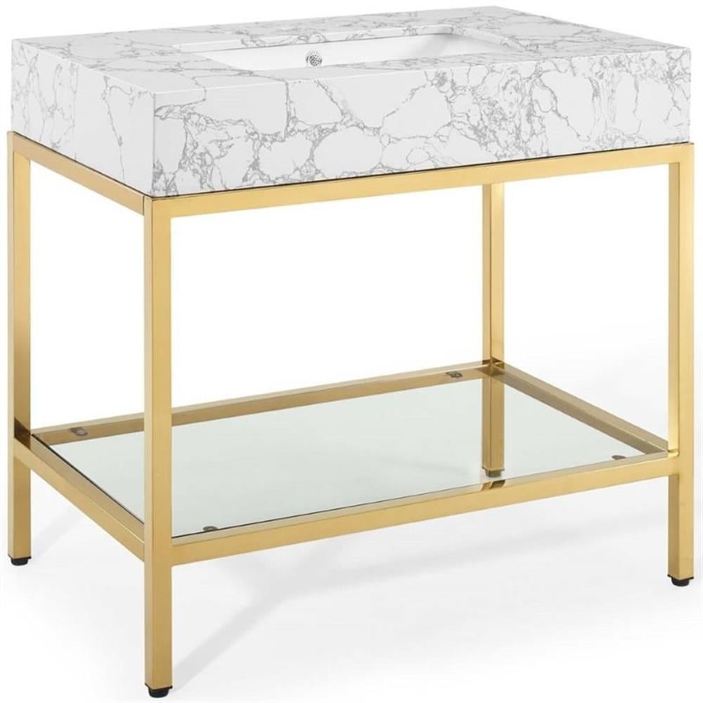 Kingsley 36" Gold White Stainless Steel Marble Bathroom Vanity