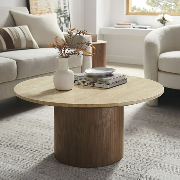Modway Kioni Round Travertine Coffee Table in Walnut