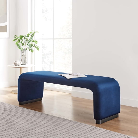 Modway Koda 60" Performance Velvet Waterfall Long Bench in Black Midnight Blue