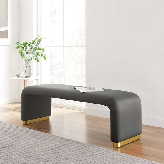 Modway Koda 60" Performance Velvet Waterfall Long Bench in Brass Storm Gray