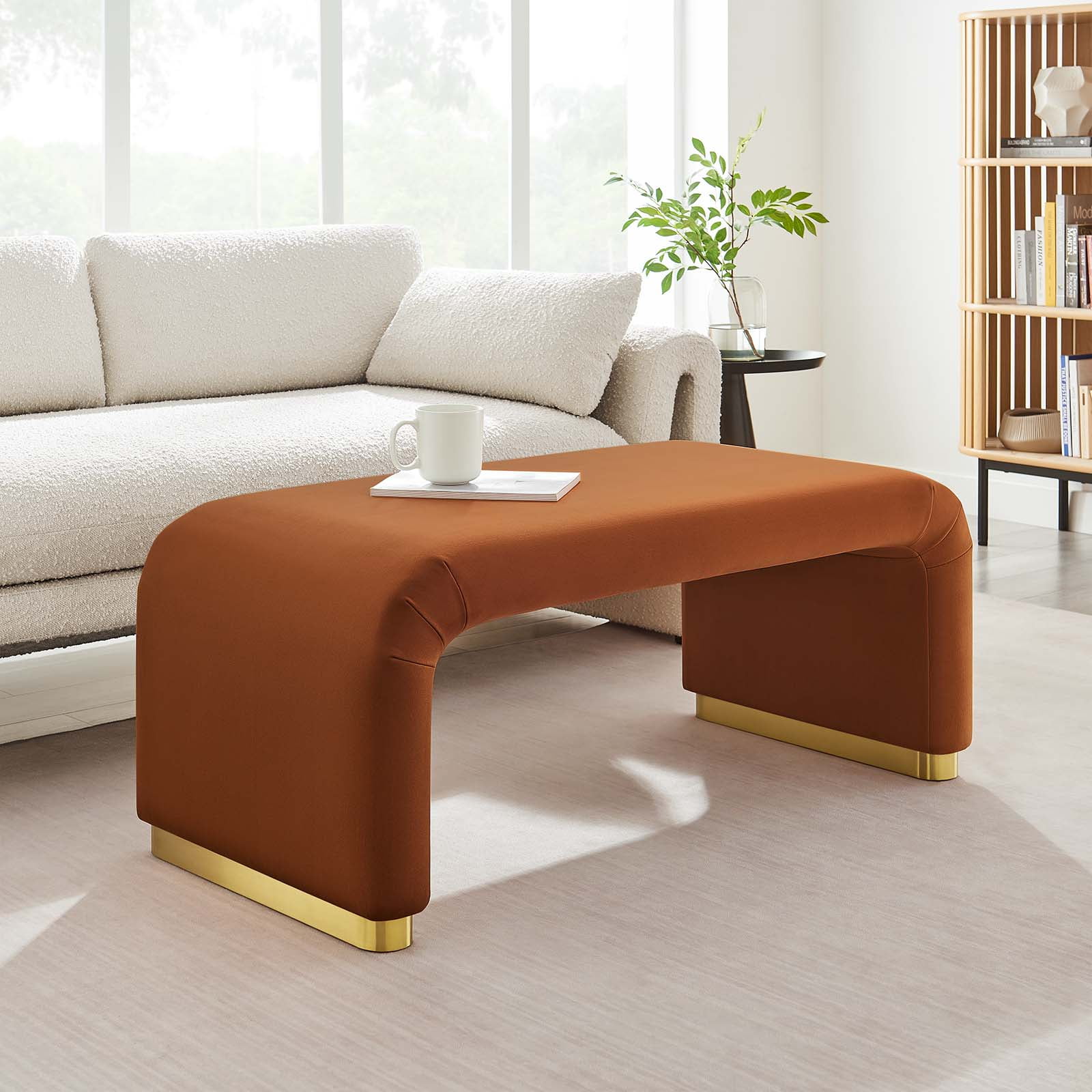 Rust Velvet Waterfall Ottoman with Brass Legs