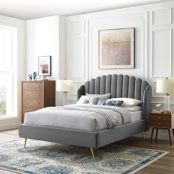 Modway Lana Queen Performance Velvet Wingback Platform Bed in Gray
