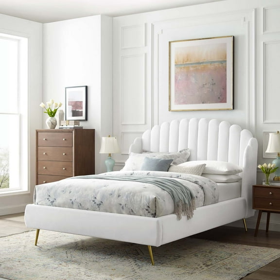 Modway Lana Queen Performance Velvet Wingback Platform Bed in White