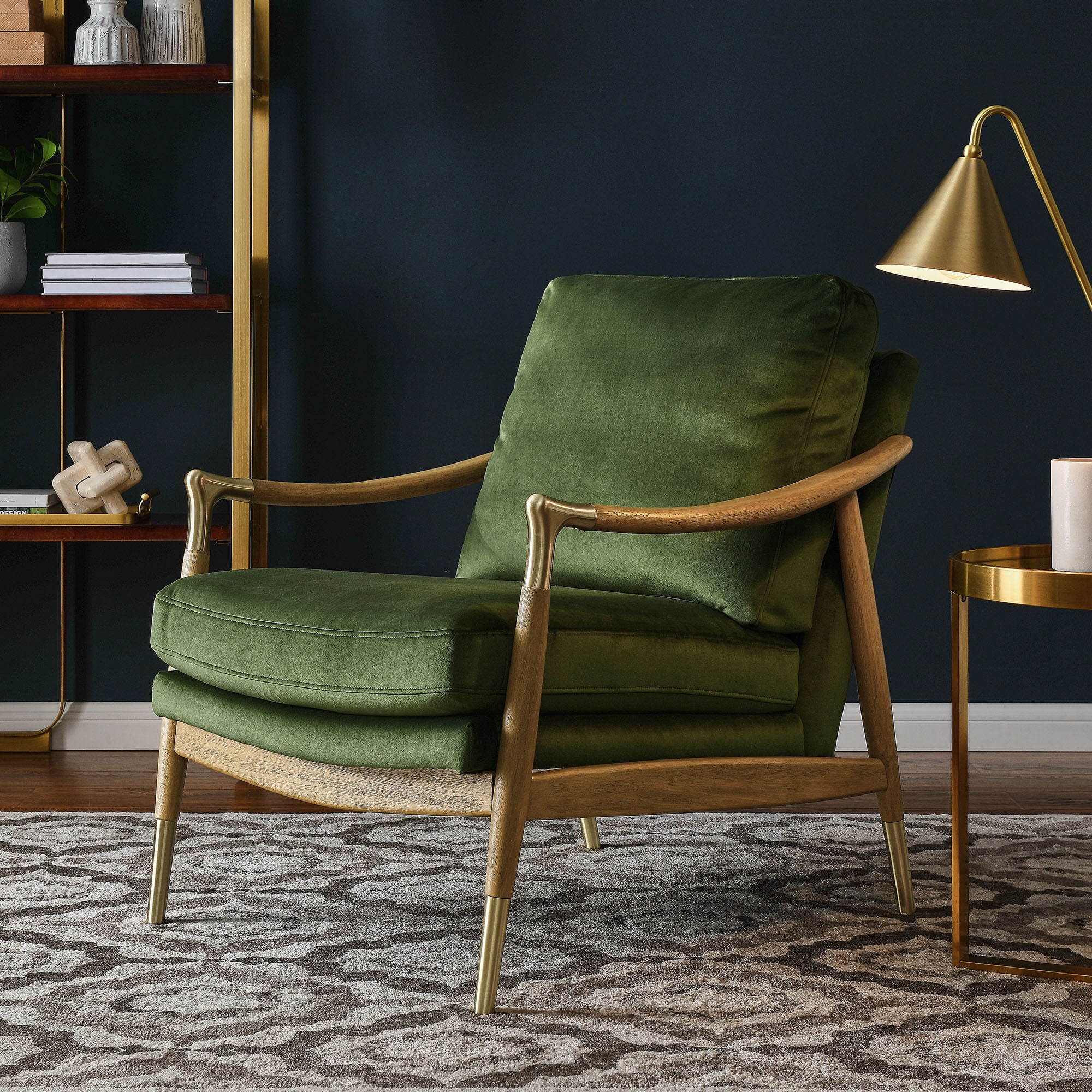 Moss Green Velvet Barrel Accent Chair with Walnut Wood Frame