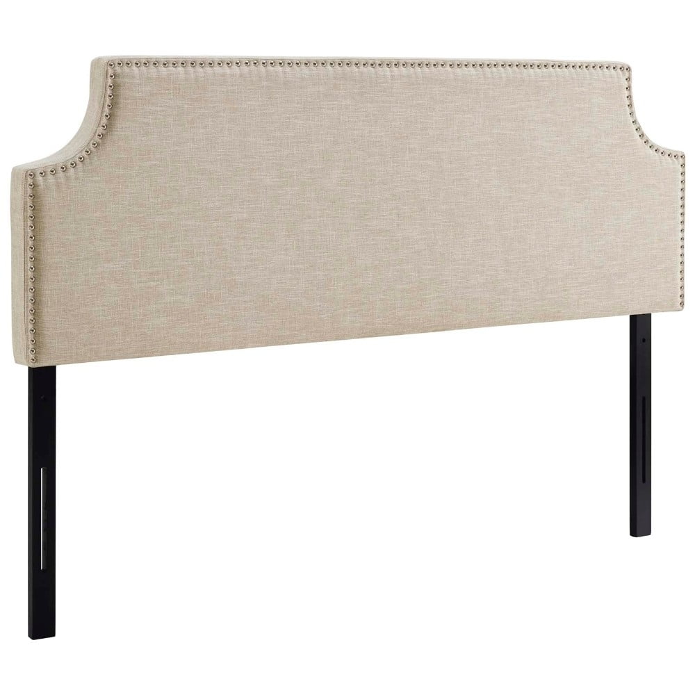 Beige Queen Upholstered Fabric Headboard with Silver Nail Trim
