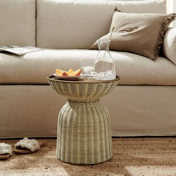 Lazaro Round Rattan Side Table in Burnished Brass Natural