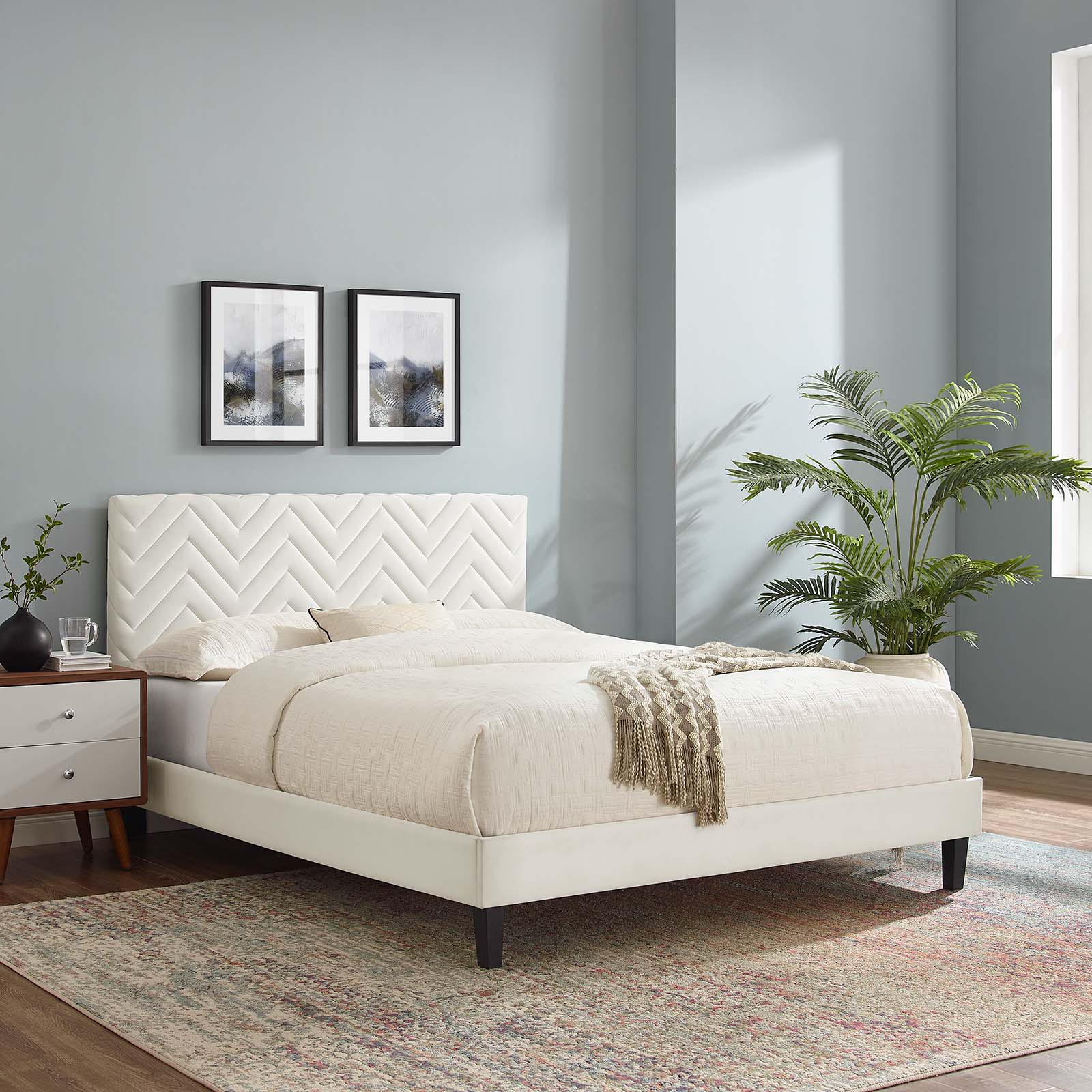 Modway Leah Chevron Tufted Performance Velvet Queen Platform Bed in