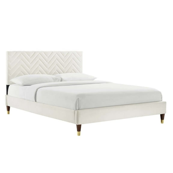 Modway Leah Chevron Tufted Performance Velvet Queen Platform Bed in White