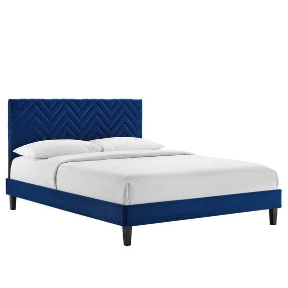 Modway Leah Chevron Tufted Velvet Queen Platform Bed in Navy Finish