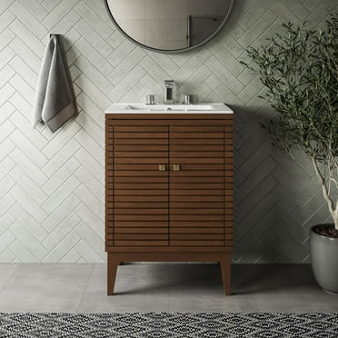 Modway Ledger 24.5" Modern Solid Mindi Wood Bathroom Vanity in Walnut/White