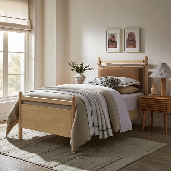 Leni Twin Size Vegan Leather and Wood Platform Bed Frame in Light Oak Canyon