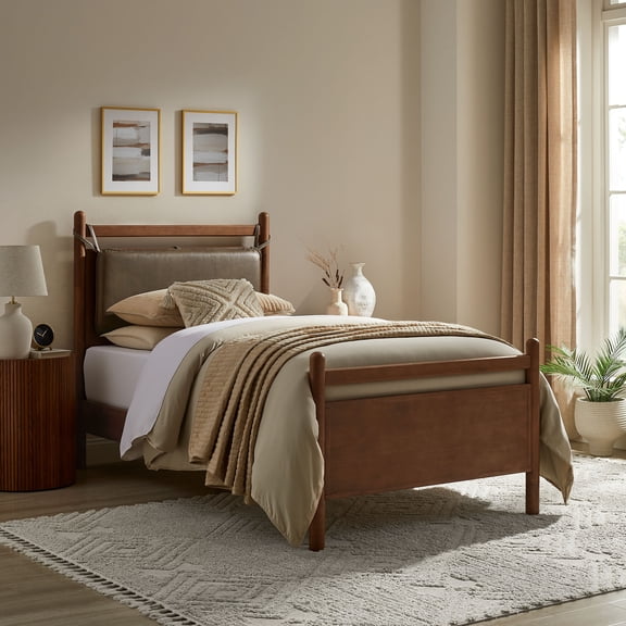 Leni Twin Size Vegan Leather and Wood Platform Bed Frame in Walnut Mushroom