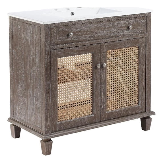Modway Lilo 36" Modern Mindi Wood Tropical Bathroom Vanity in Gray/White