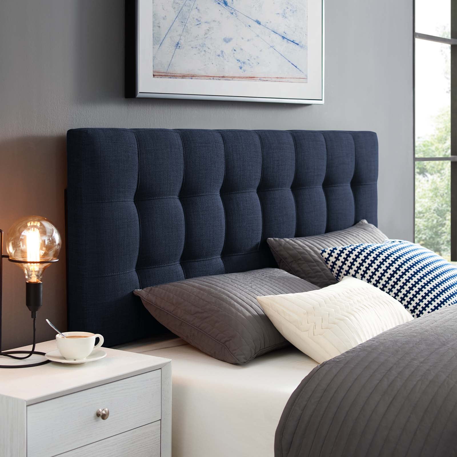 Modway Lily Queen Upholstered Fabric Headboard in Navy