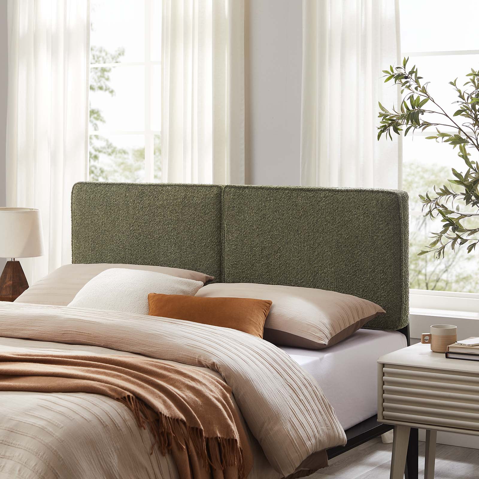 Lindee Sage Boucle Upholstered King Headboard with Solid Wood Legs