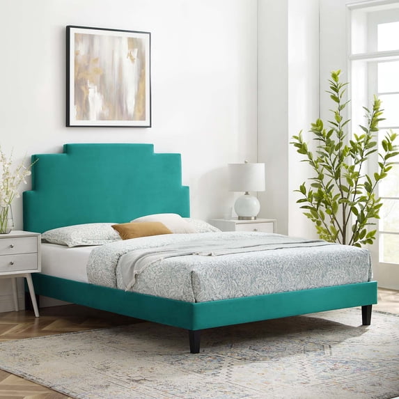 Modway Lindsey Modern Performance Velvet Twin Platform Bed in Teal Green