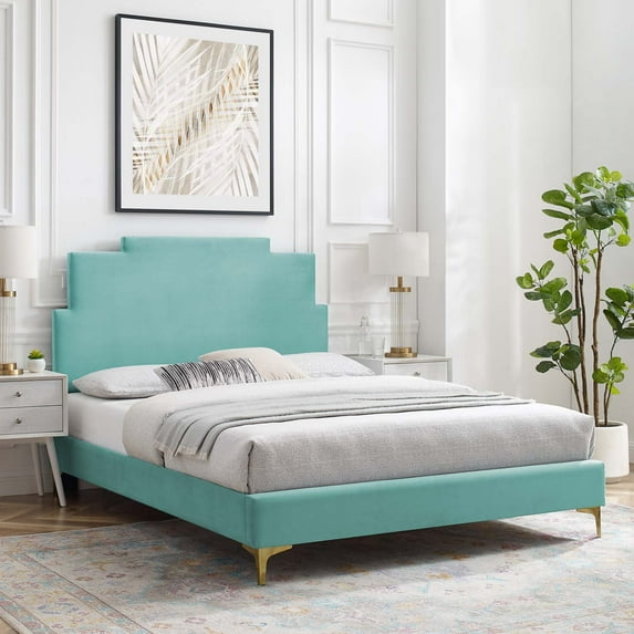 Modway Lindsey Performance Velvet Full Platform Bed in Mint