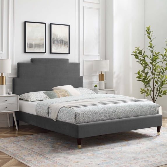 Modway Lindsey Performance Velvet King Platform Bed in Charcoal