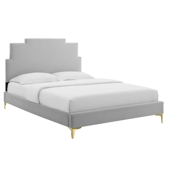 Modway Lindsey Performance Velvet King Platform Bed in Light Gray