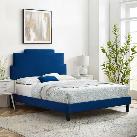 Modway Lindsey Performance Velvet Queen Platform Bed in Navy