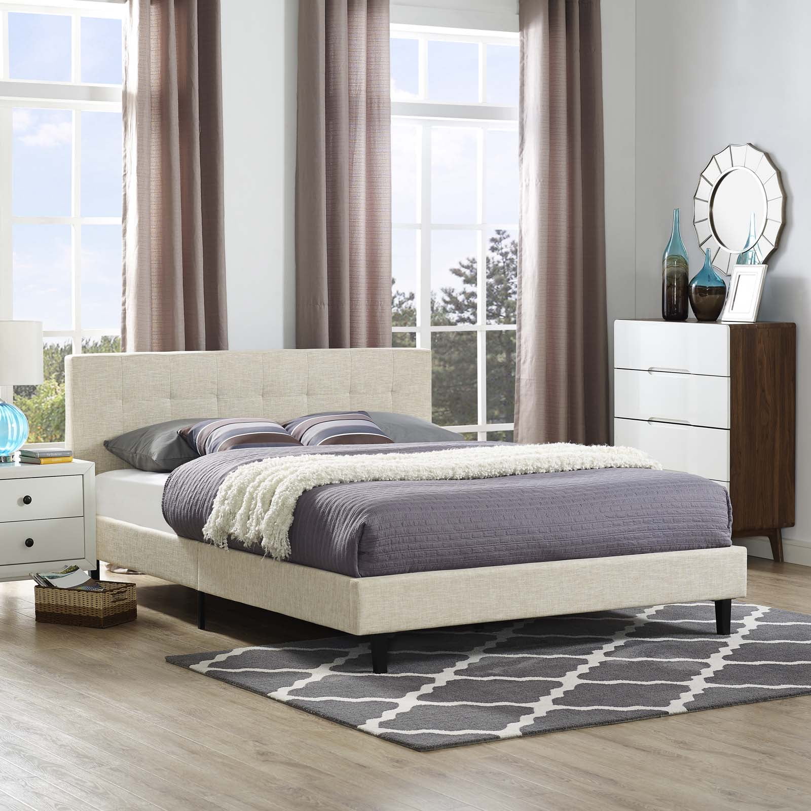 Beige Upholstered Full Bed with Tufted Headboard and Wood Frame