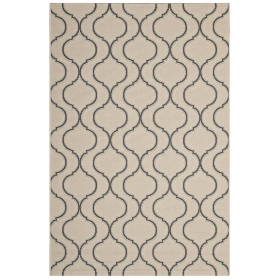 Modway Linza Wave Abstract Trellis 5x8 Indoor and Outdoor Area Rug in Beige and Gray