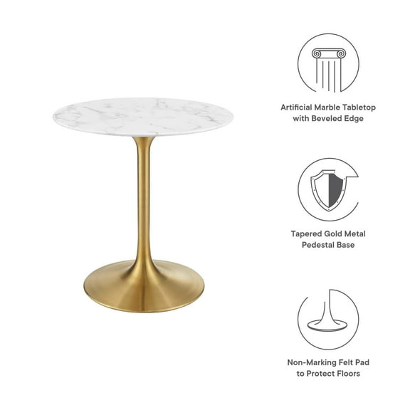 Modway Lippa 28" Round Dining Table with Faux Marble Top in Gold White