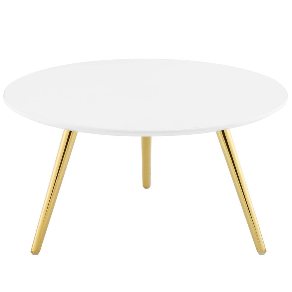 27.5" Round White Marble & Gold Wood Outdoor Coffee Table
