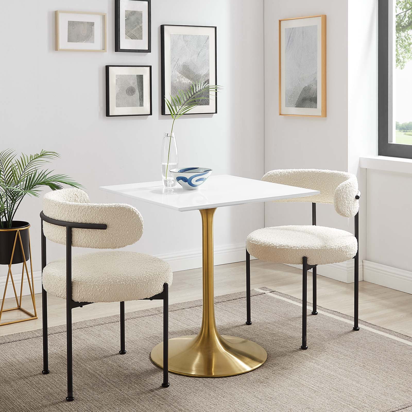 Modway Lippa 28" Square Wood Top Dining Table in Gold White