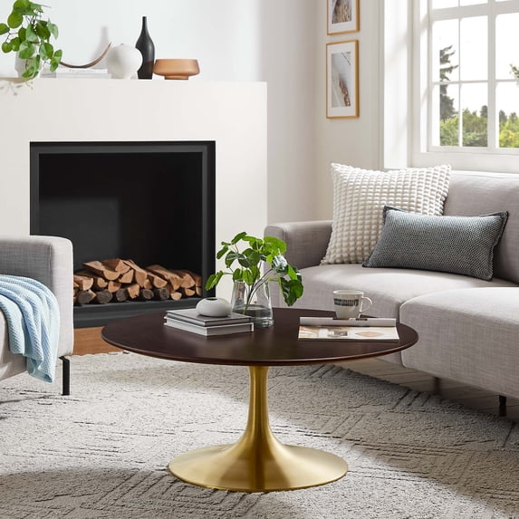 Modway Lippa 36" Round Wood Grain Coffee Table in Gold Cherry Walnut