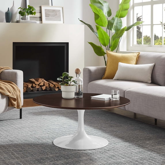 Modway Lippa 36" Round Wood Grain Coffee Table in White Cherry Walnut