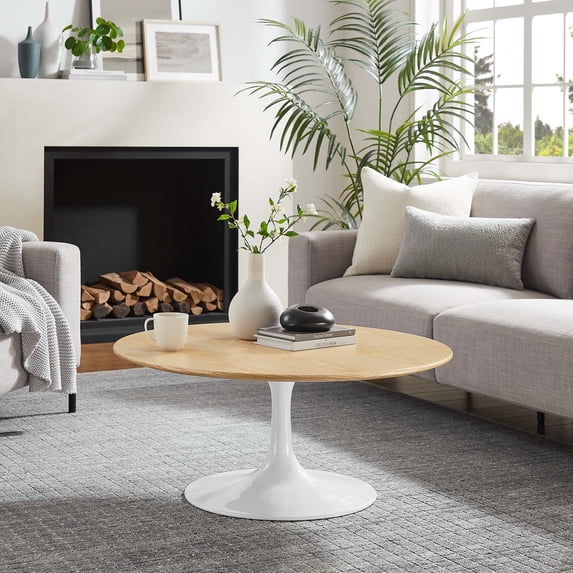 Modway Lippa 36" Round Wood Grain Coffee Table in White Natural