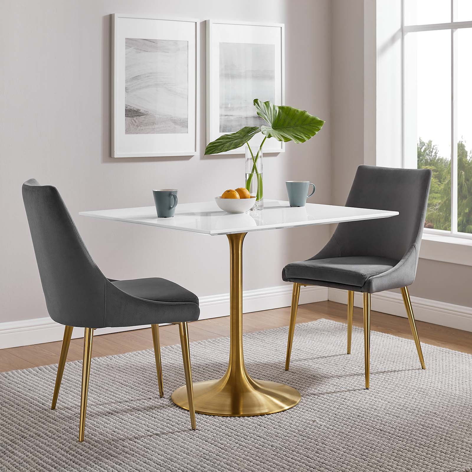 Modway Lippa 36" Square Wood & Metal Dining Table in Gold and White
