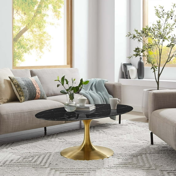 Modway Lippa 42" Oval Artificial Marble Coffee Table in Gold Black