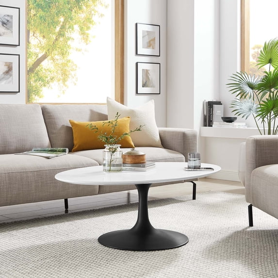 Modway Lippa 42" Oval-Shaped Wood and Metal Coffee Table in Black/White