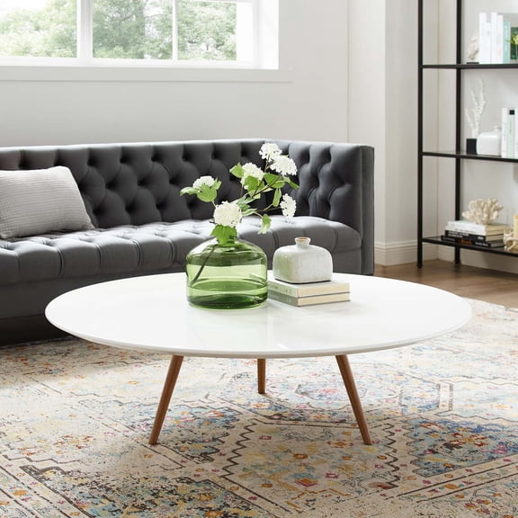 Modway Lippa 47" Round Wood Top Coffee Table with Tripod Base in Walnut/White