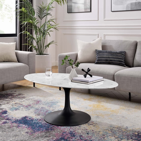 Modway Lippa 48" Oval Artificial Marble and Metal Coffee Table in Black/White