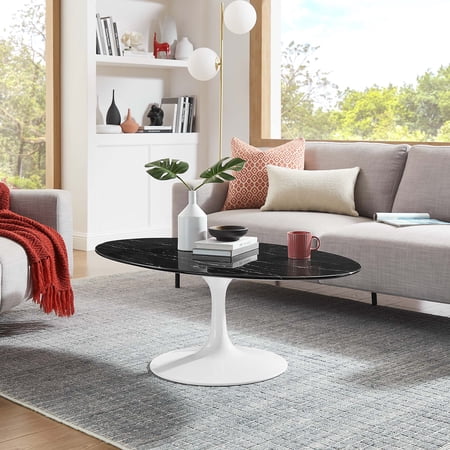 Modway Lippa 48" Oval Artificial Marble Coffee Table in White Black