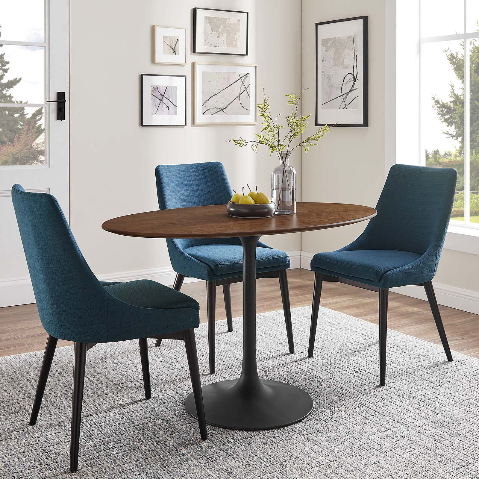 48" Walnut and Black Oval Dining Table with Metal Base
