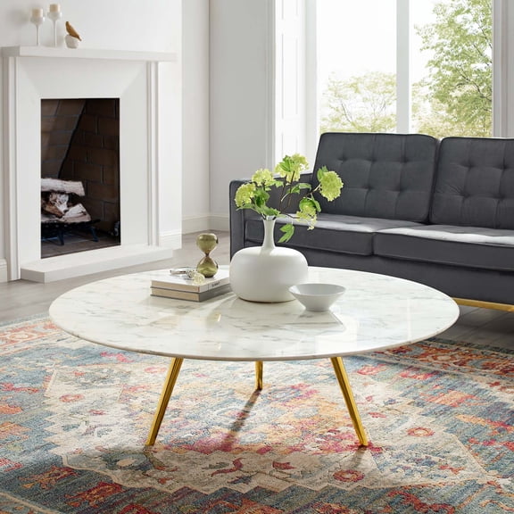 Modway Lippa 47" Artificial Marble Coffee Table with Tripod Base in Gold/White