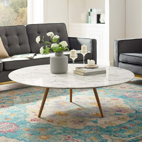 Modway Lippa 48" Round Artificial Marble Coffee Table with Tripod Base in Walnut White