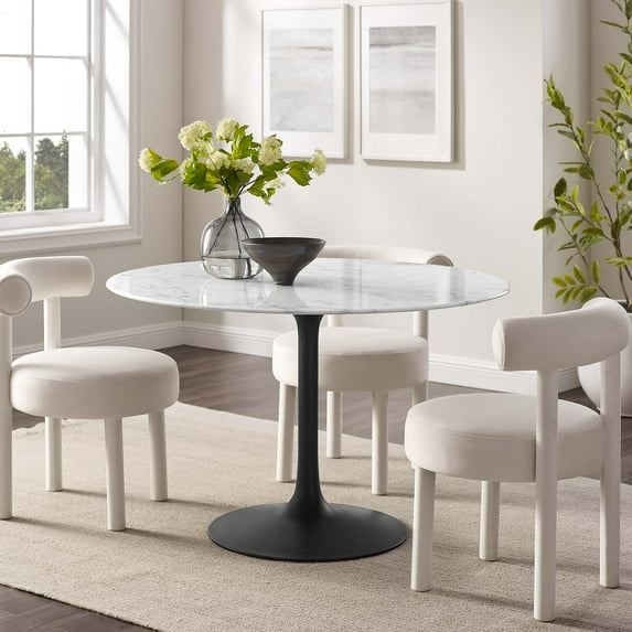 Modway Lippa 48" Round Artificial Marble and Metal Dining Table in Black/White