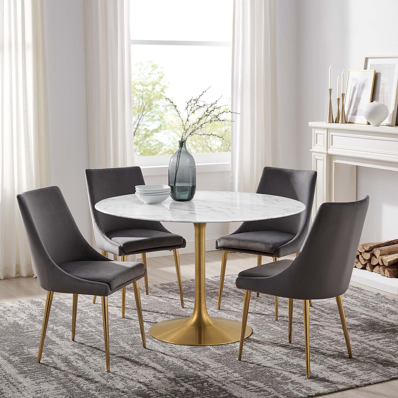47" Round White Marble Dining Table with Gold Pedestal Base